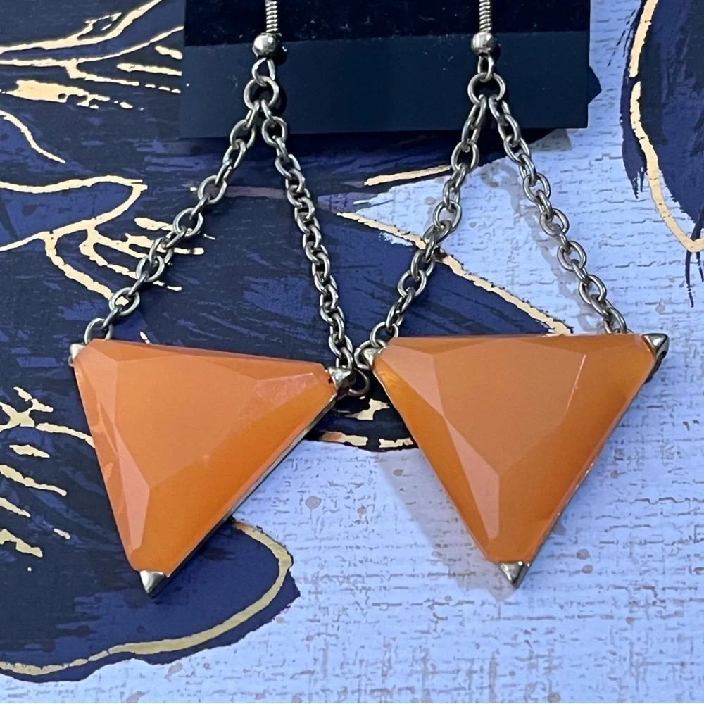 Estate 2010s Large Gold Tone and Orange Triangle Acrylic Dangle Earrings